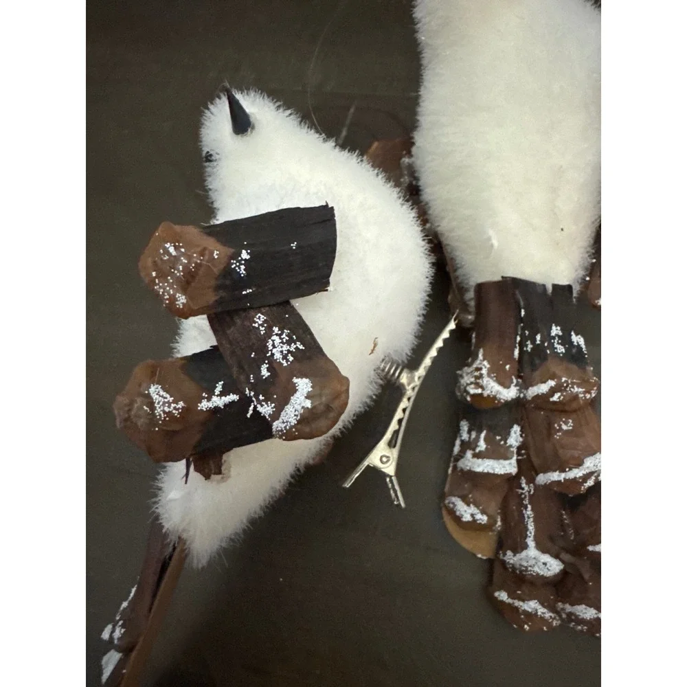 White Fuzzy Bird Christmas Ornaments with Pinecone Wings and Clips Set of 2